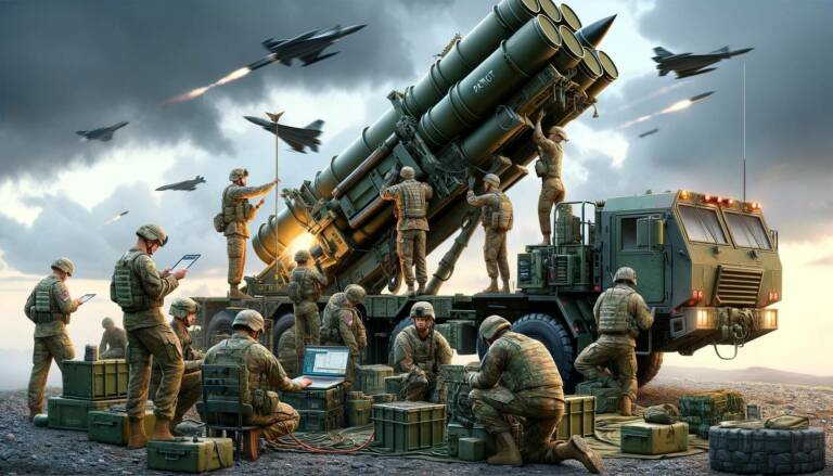 Understanding Patriot Missiles: A detailed military scene showing soldiers preparing the Patriot Missile System for an attack. The background features a cloudy sky