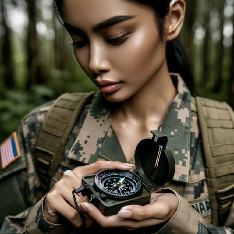 A military woman of South Asian descent, wearing a standard military uniform with a camouflage pattern, is holding a military-grade compass