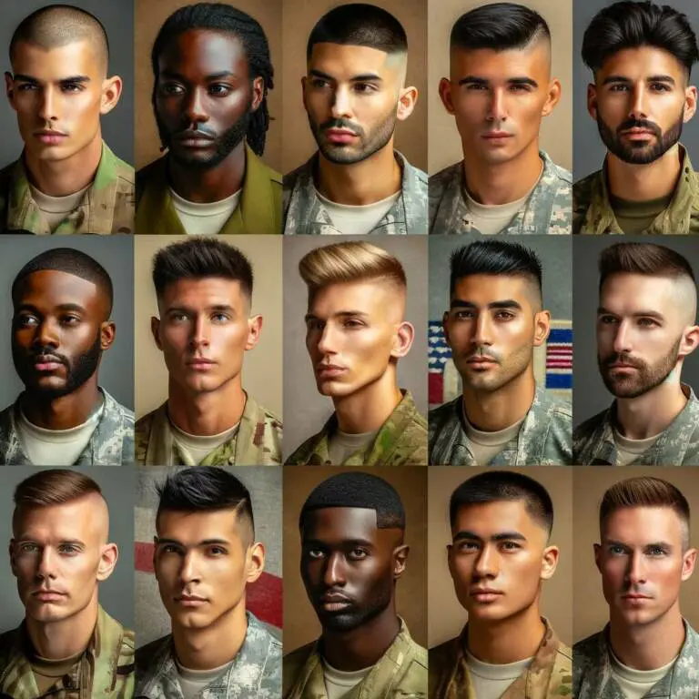 The Military Cuts   DALL·E 2024 01 09 00.46.00 A Collage Showcasing Military Men With Different Military Hairstyles. The Image Features A Diverse Group Of Male Soldiers Each Representing A Differe 1 