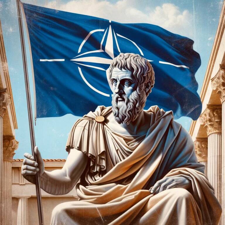 An artistic representation of the ancient Greek philosopher Plato holding a NATO flag. Plato is depicted in a classical Greek From Plato to NATO.