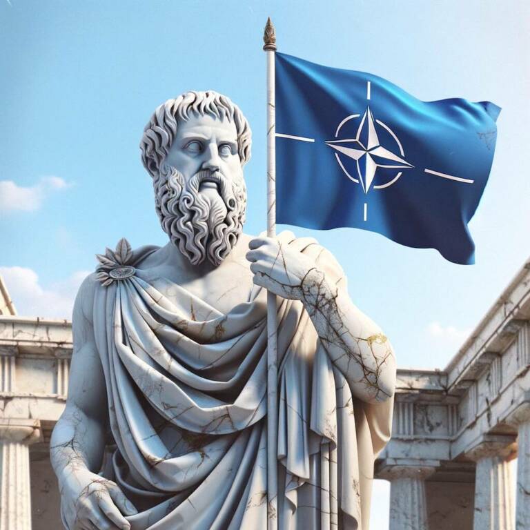 An artistic representation of the ancient Greek philosopher Plato holding a NATO flag. Plato is depicted in a classical Greek From Plato to NATO.